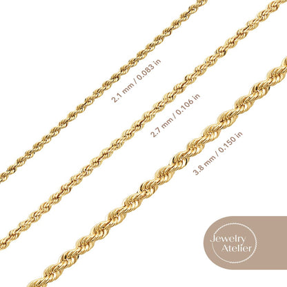 Gold Chain Necklace Collection - 14K Solid Yellow Gold Filled Rope Chain Necklaces for Women and Men with Different Sizes (2.1Mm, 2.7Mm, or 3.8Mm)